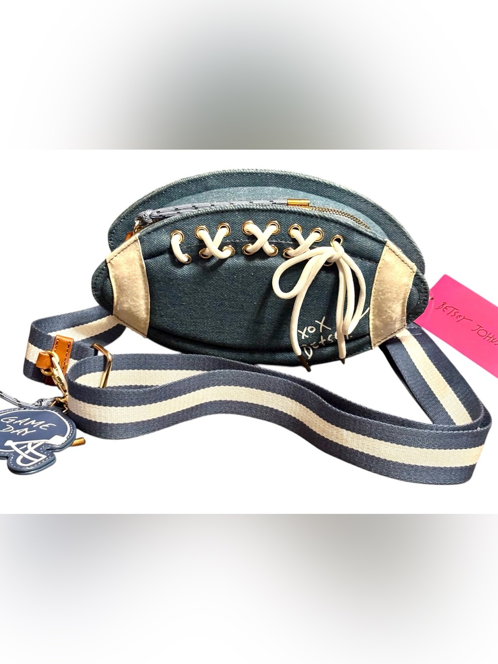 Betsey Johnson Denim Jean Lace-Up Football Crossbody Bag with helmet bag charm